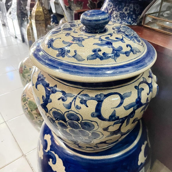 Blue & White Ceramic Pot w Knob Lid