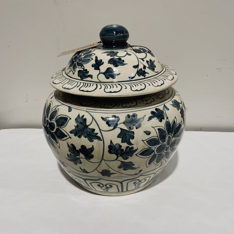 Blue & White Ceramic Pot w Knob Lid