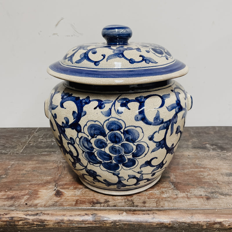 Blue & White Ceramic Pot w Knob Lid